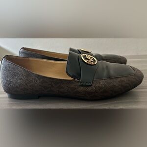 Michael Kors Dark Brown Logo-Print Leather Accent Loafers with Gold Emblem